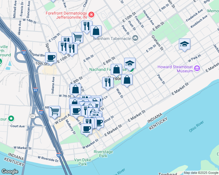 map of restaurants, bars, coffee shops, grocery stores, and more near 405 East Court Avenue in Jeffersonville