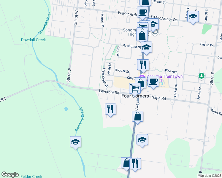 map of restaurants, bars, coffee shops, grocery stores, and more near 1386 Lubeck Street in Sonoma