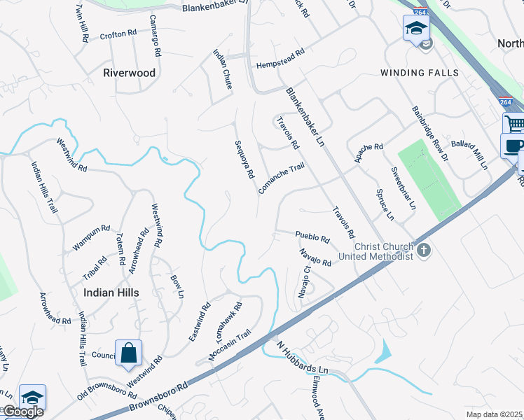 map of restaurants, bars, coffee shops, grocery stores, and more near 5511 Apache Road in Louisville