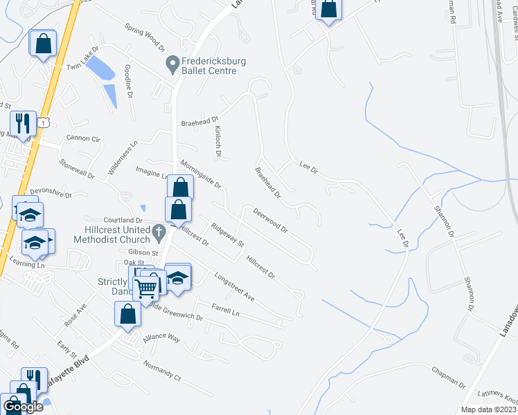 map of restaurants, bars, coffee shops, grocery stores, and more near 415 Deerwood Drive in Fredericksburg