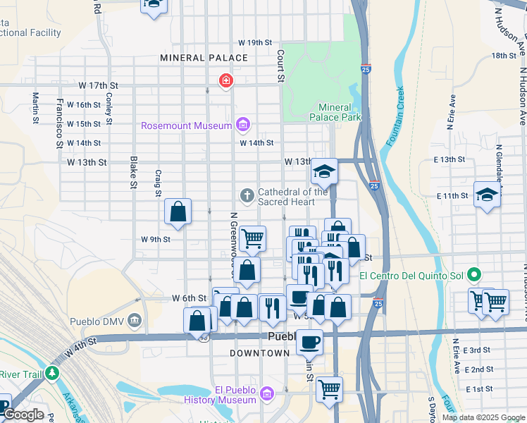 map of restaurants, bars, coffee shops, grocery stores, and more near 1008 North Grand Avenue in Pueblo