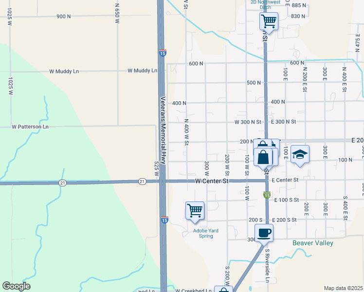 map of restaurants, bars, coffee shops, grocery stores, and more near 195 North 400 West Street in Beaver