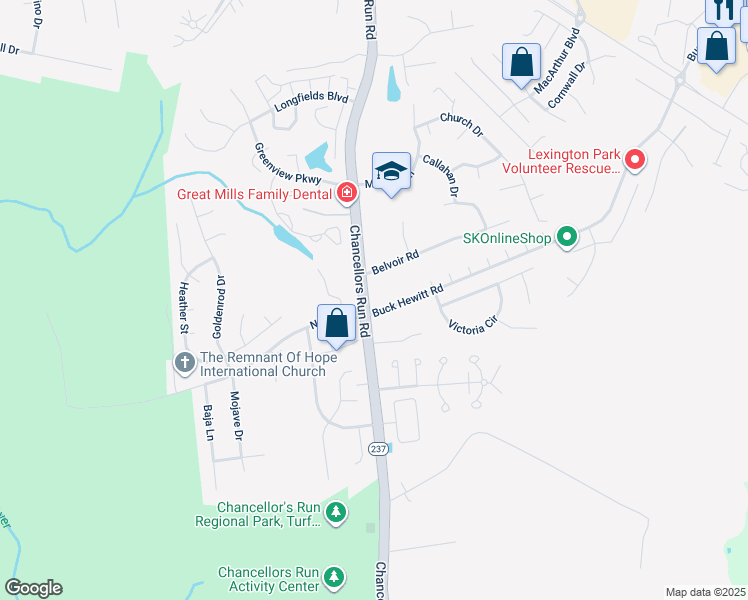 map of restaurants, bars, coffee shops, grocery stores, and more near 22176 Chancellors Run Road in Great Mills