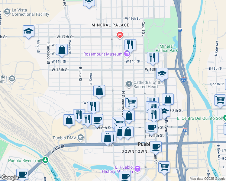 map of restaurants, bars, coffee shops, grocery stores, and more near 1016 North Elizabeth Street in Pueblo