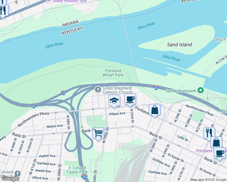 map of restaurants, bars, coffee shops, grocery stores, and more near 816 North 34th Street in Louisville