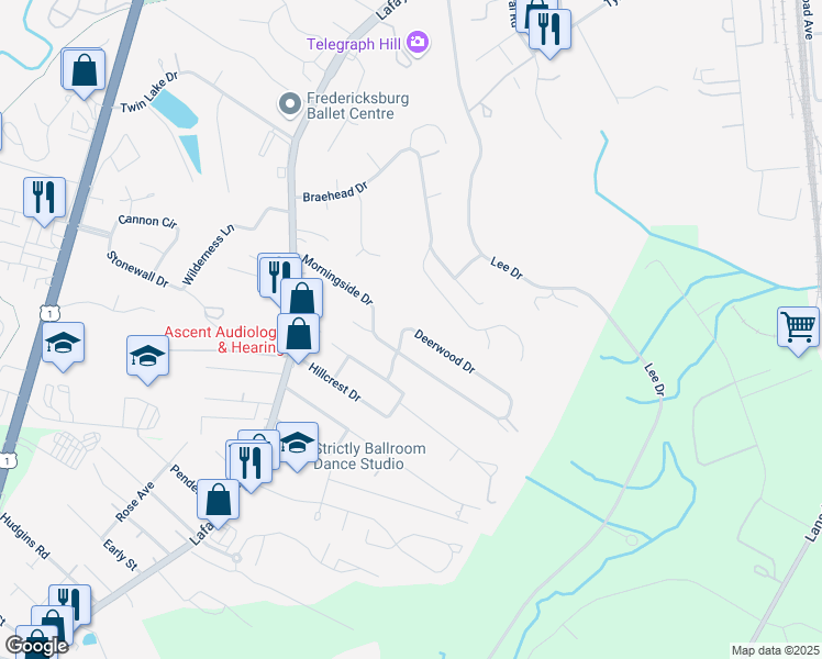 map of restaurants, bars, coffee shops, grocery stores, and more near 409 Deerwood Drive in Fredericksburg