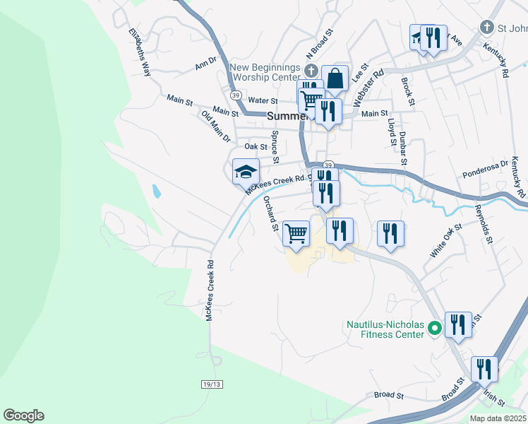 map of restaurants, bars, coffee shops, grocery stores, and more near 701-703 Orchard St in Summersville