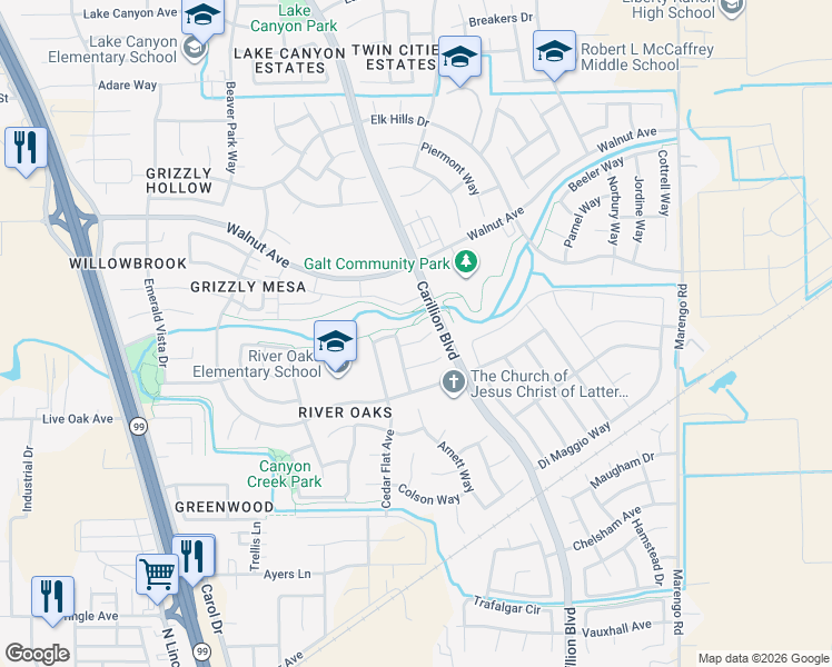 map of restaurants, bars, coffee shops, grocery stores, and more near 973 Lanigan Court in Galt