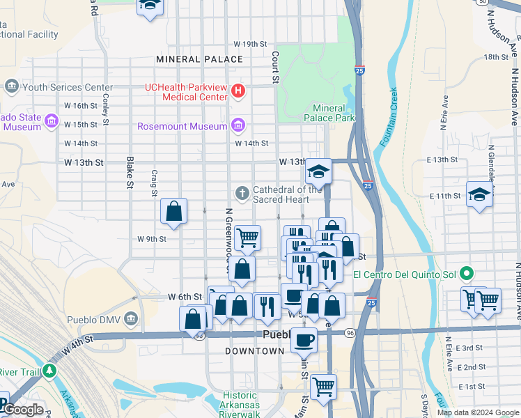 map of restaurants, bars, coffee shops, grocery stores, and more near 310 West 11th Street in Pueblo