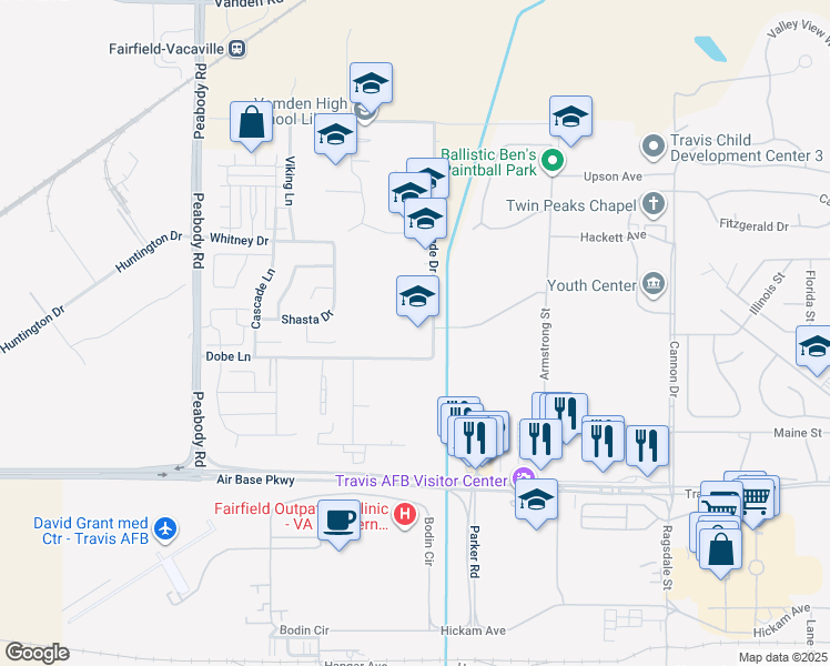 map of restaurants, bars, coffee shops, grocery stores, and more near 2651 De Ronde Drive in Fairfield