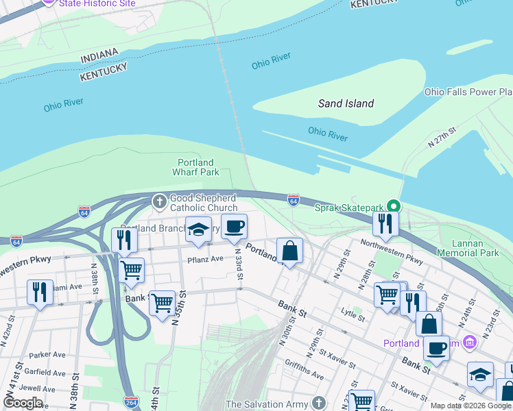 map of restaurants, bars, coffee shops, grocery stores, and more near 3201 Rudd Avenue in Louisville