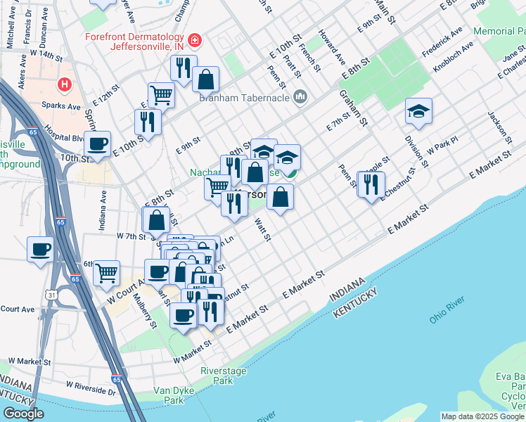map of restaurants, bars, coffee shops, grocery stores, and more near in Jeffersonville