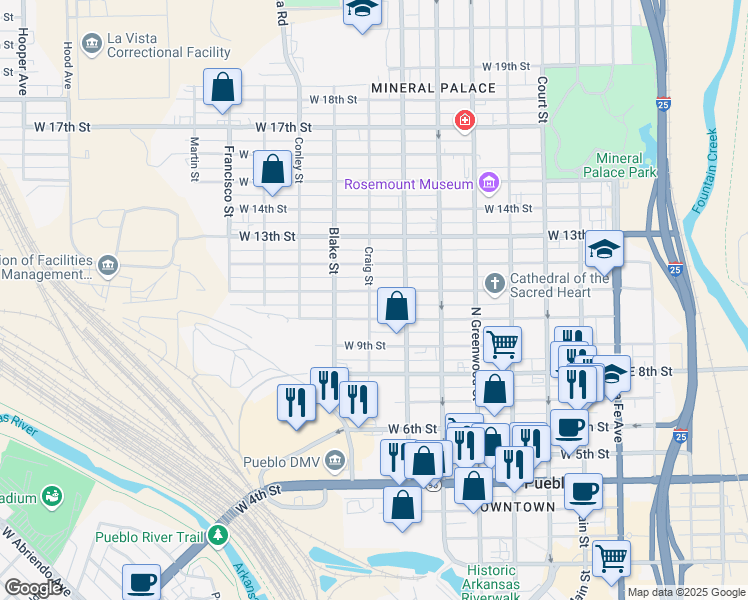 map of restaurants, bars, coffee shops, grocery stores, and more near 724 West 11th Street in Pueblo