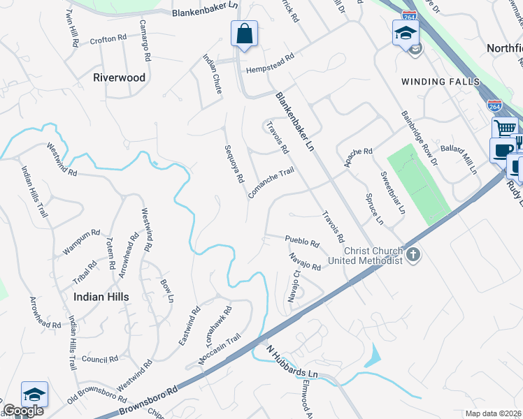 map of restaurants, bars, coffee shops, grocery stores, and more near 5511 Apache Road in Louisville