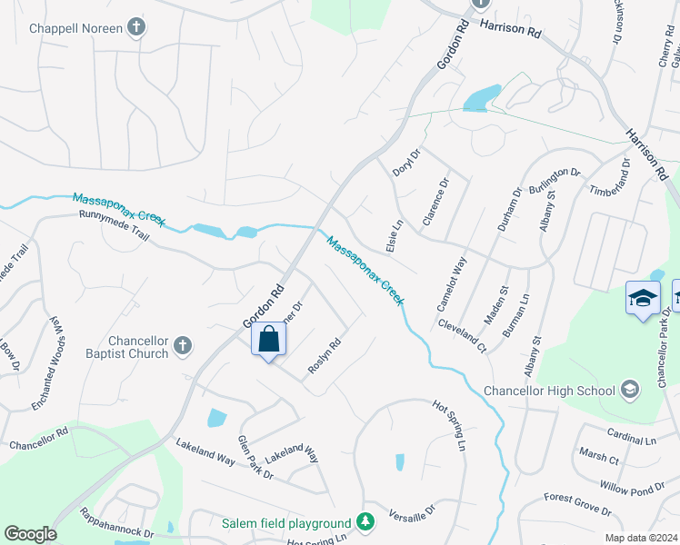 map of restaurants, bars, coffee shops, grocery stores, and more near 6815 Estate Lane in Fredericksburg