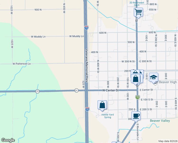 map of restaurants, bars, coffee shops, grocery stores, and more near 198 N 500 W St in Beaver