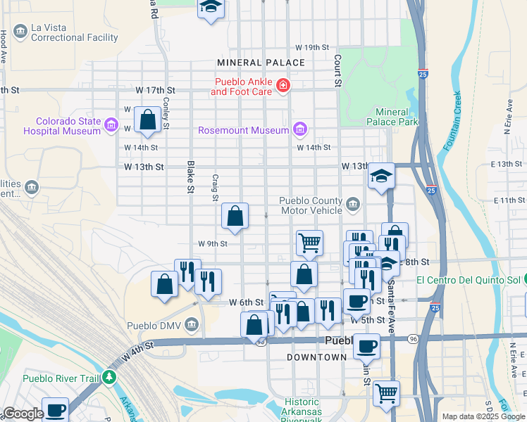 map of restaurants, bars, coffee shops, grocery stores, and more near 1016 North Elizabeth Street in Pueblo