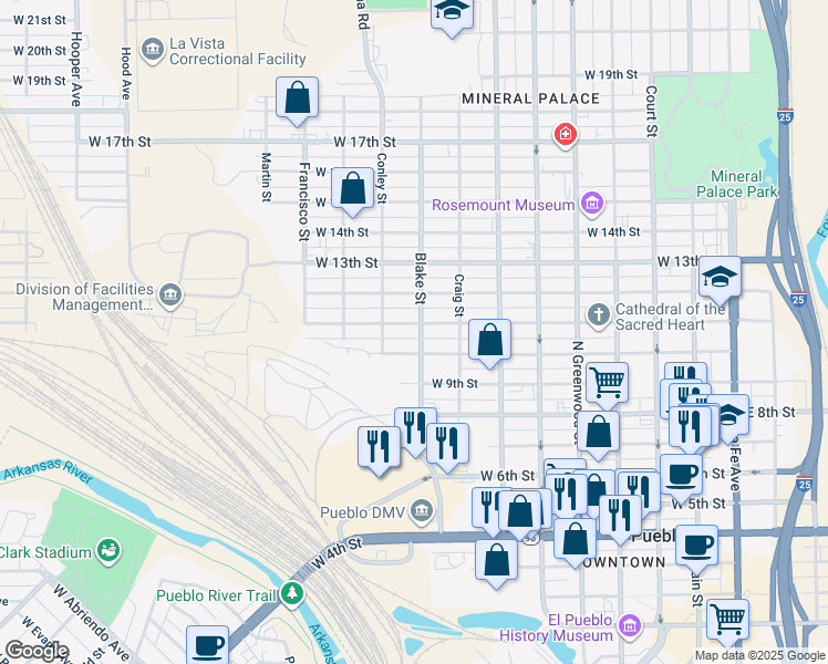 map of restaurants, bars, coffee shops, grocery stores, and more near 818 West 11th Street in Pueblo