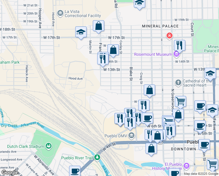 map of restaurants, bars, coffee shops, grocery stores, and more near 1004 West 10th Street in Pueblo