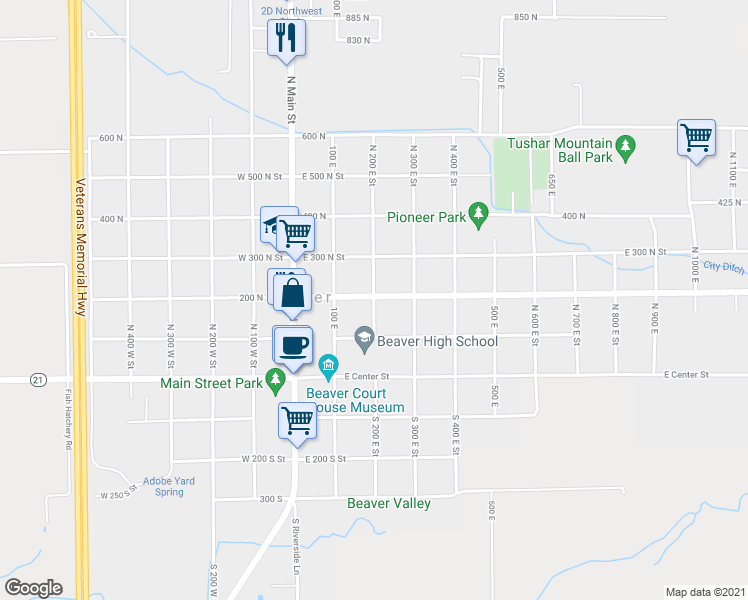 map of restaurants, bars, coffee shops, grocery stores, and more near 190 N 200 E St in Beaver