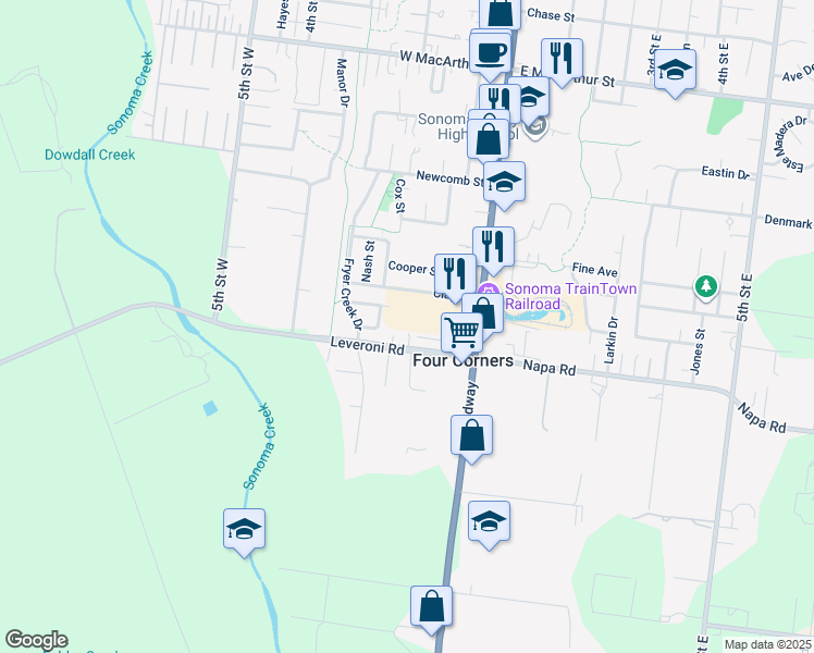 map of restaurants, bars, coffee shops, grocery stores, and more near 1360 Bainbridge Lane in Sonoma