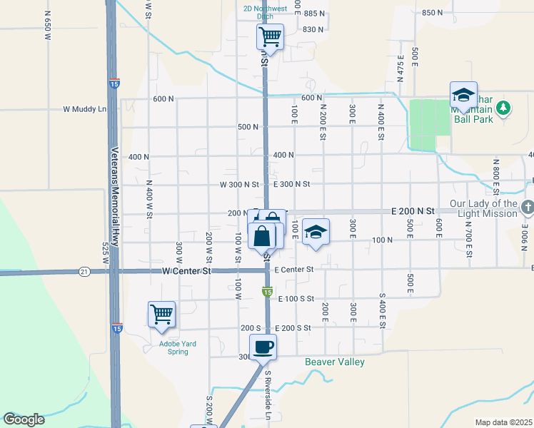 map of restaurants, bars, coffee shops, grocery stores, and more near 150 North Main Street in Beaver