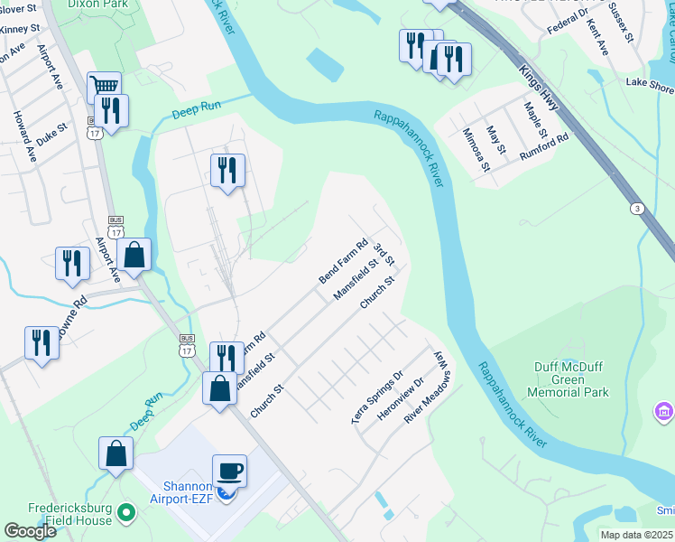 map of restaurants, bars, coffee shops, grocery stores, and more near 211 Bend Farm Road in Fredericksburg