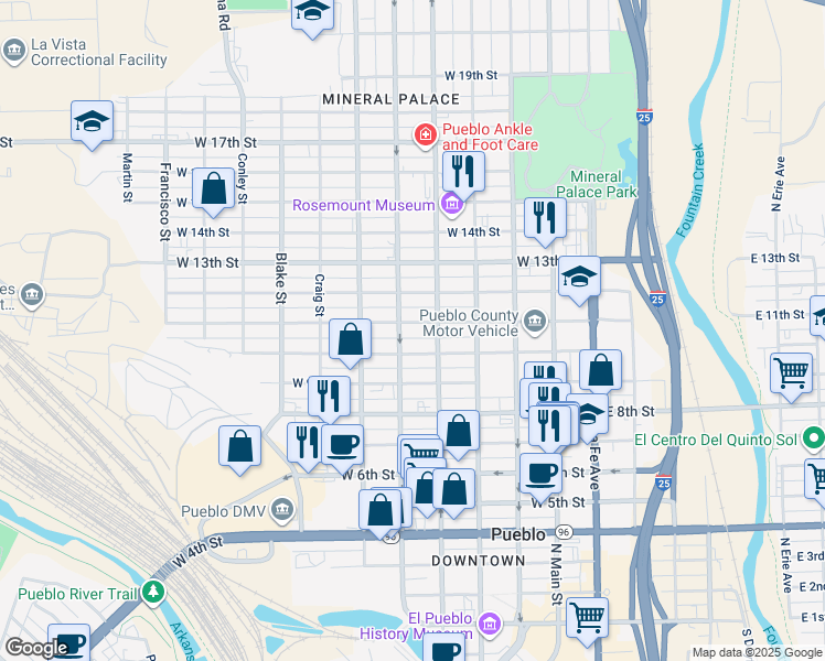 map of restaurants, bars, coffee shops, grocery stores, and more near 1016 North Elizabeth Street in Pueblo