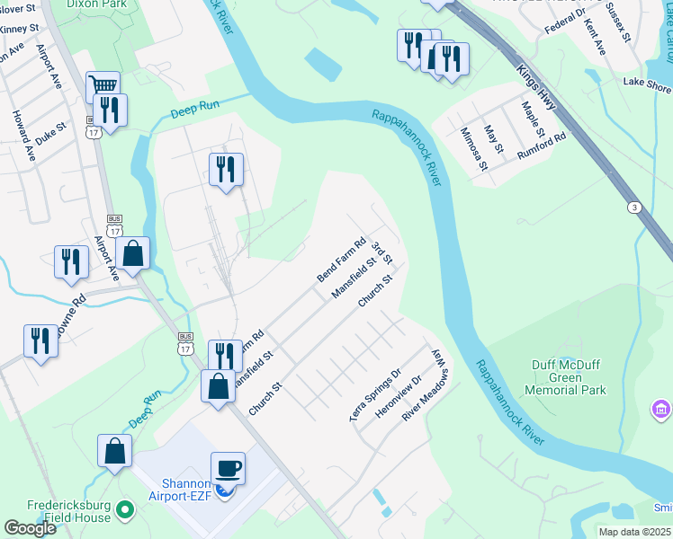 map of restaurants, bars, coffee shops, grocery stores, and more near 211 Bend Farm Road in Fredericksburg