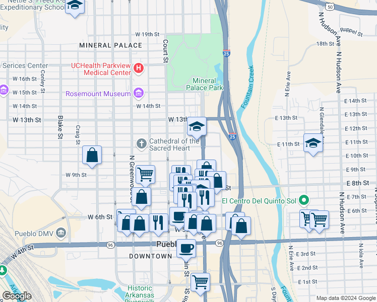 map of restaurants, bars, coffee shops, grocery stores, and more near 1028 North Main Street in Pueblo