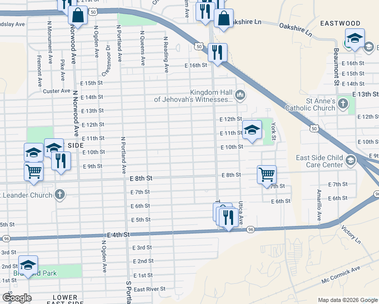 map of restaurants, bars, coffee shops, grocery stores, and more near 1934 East 10th Street in Pueblo