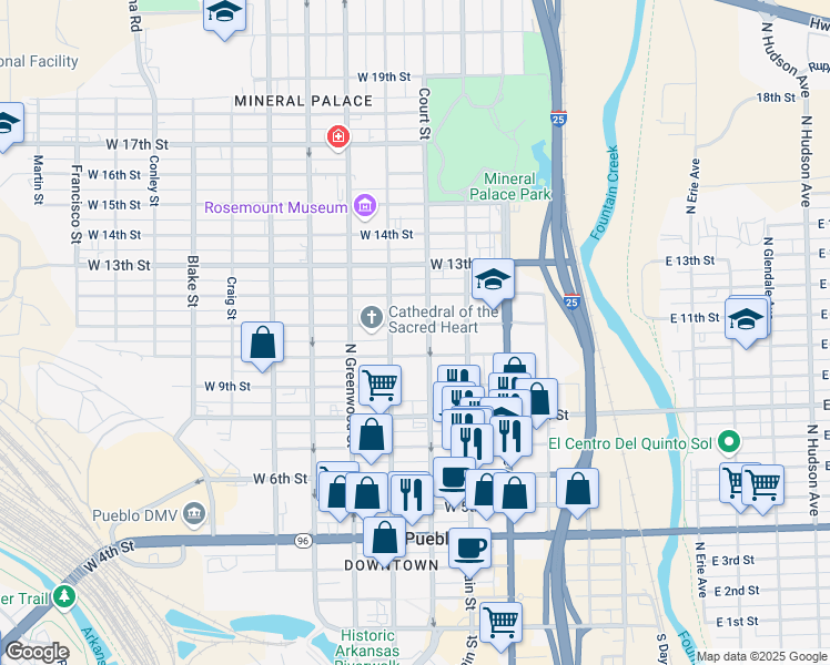 map of restaurants, bars, coffee shops, grocery stores, and more near 310 West 11th Street in Pueblo