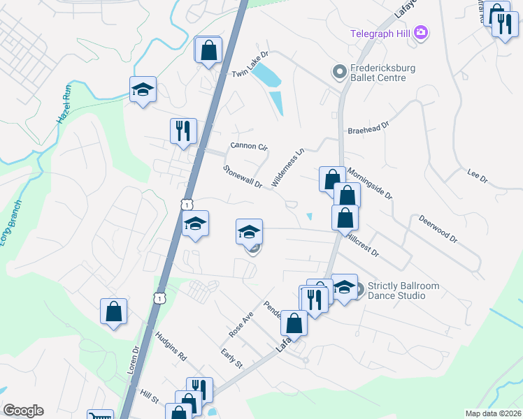 map of restaurants, bars, coffee shops, grocery stores, and more near 9 Devonshire Drive in Fredericksburg