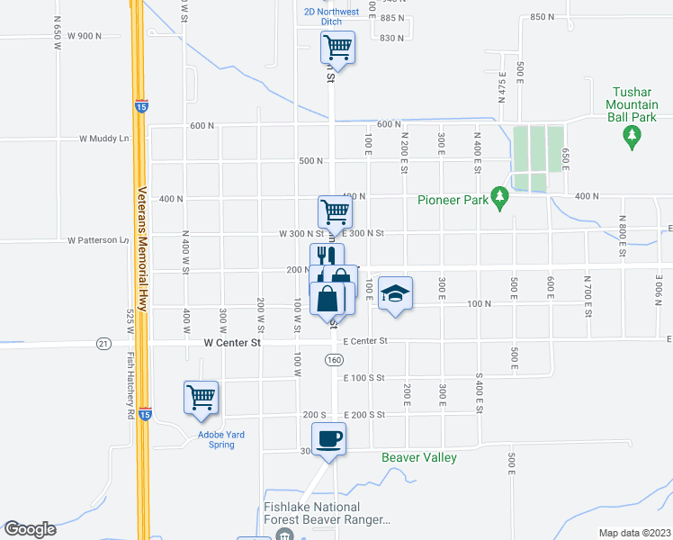 map of restaurants, bars, coffee shops, grocery stores, and more near 49-99 E 200 N St in Beaver