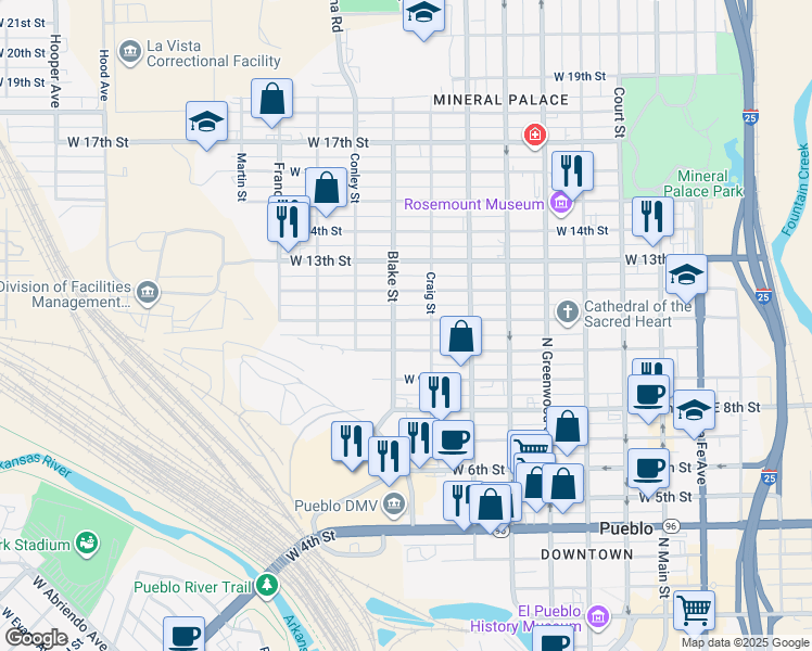 map of restaurants, bars, coffee shops, grocery stores, and more near 818 West 11th Street in Pueblo