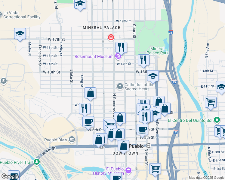 map of restaurants, bars, coffee shops, grocery stores, and more near 423 West 11th Street in Pueblo