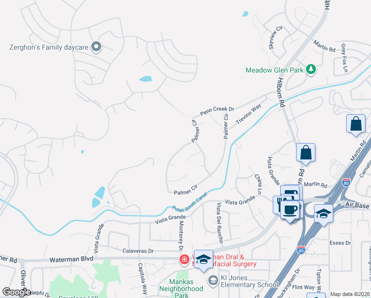 map of restaurants, bars, coffee shops, grocery stores, and more near 2263 Palmer Cir in Fairfield