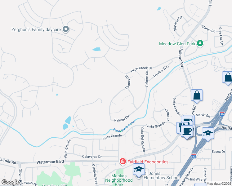 map of restaurants, bars, coffee shops, grocery stores, and more near 2263 Palmer Circle in Fairfield