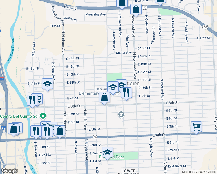 map of restaurants, bars, coffee shops, grocery stores, and more near 1002 North La Crosse Avenue in Pueblo