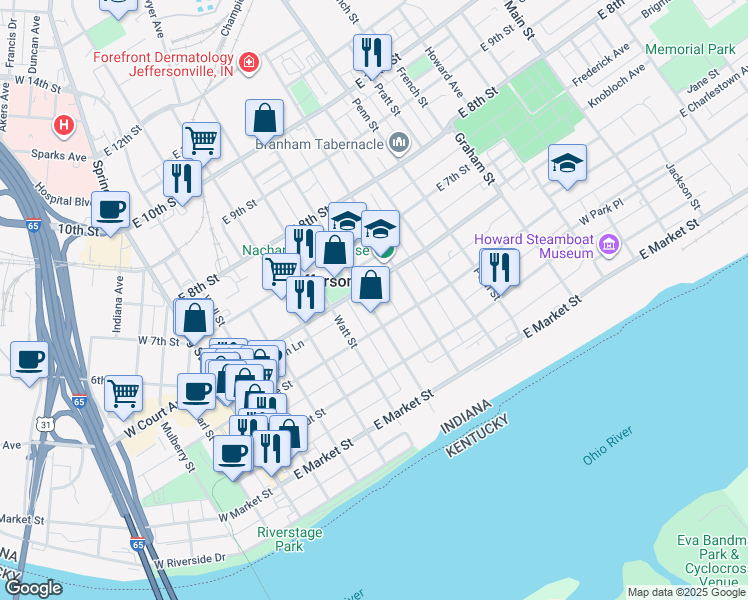 map of restaurants, bars, coffee shops, grocery stores, and more near 426 Meigs Avenue in Jeffersonville