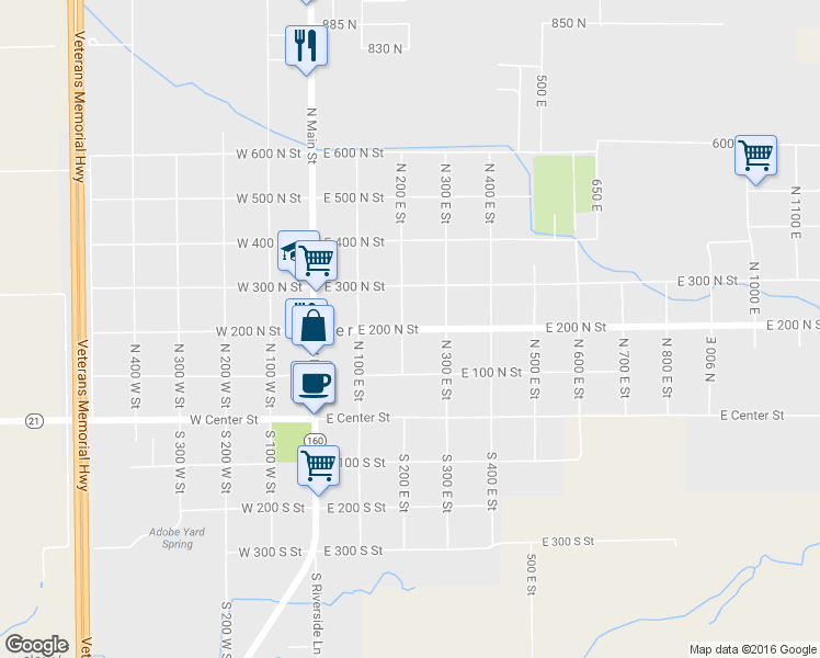 map of restaurants, bars, coffee shops, grocery stores, and more near 215 E 200 N St in Beaver