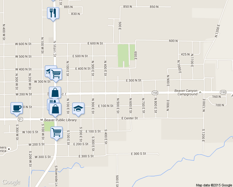 map of restaurants, bars, coffee shops, grocery stores, and more near 490 East 200 North Street in Beaver