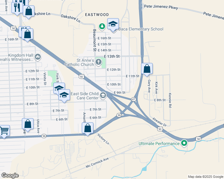 map of restaurants, bars, coffee shops, grocery stores, and more near 2811 East 9th Street in Pueblo