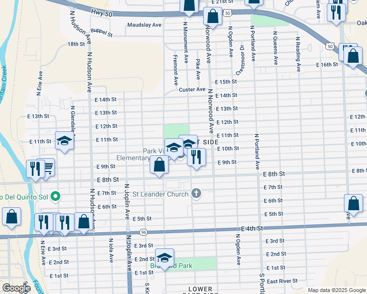 map of restaurants, bars, coffee shops, grocery stores, and more near 1333 East 10th Street in Pueblo