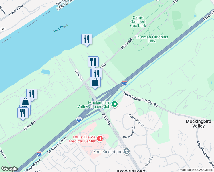 map of restaurants, bars, coffee shops, grocery stores, and more near 1031 Zorn Avenue in Louisville
