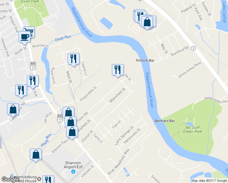 map of restaurants, bars, coffee shops, grocery stores, and more near 217 Bend Farm Road in Fredericksburg