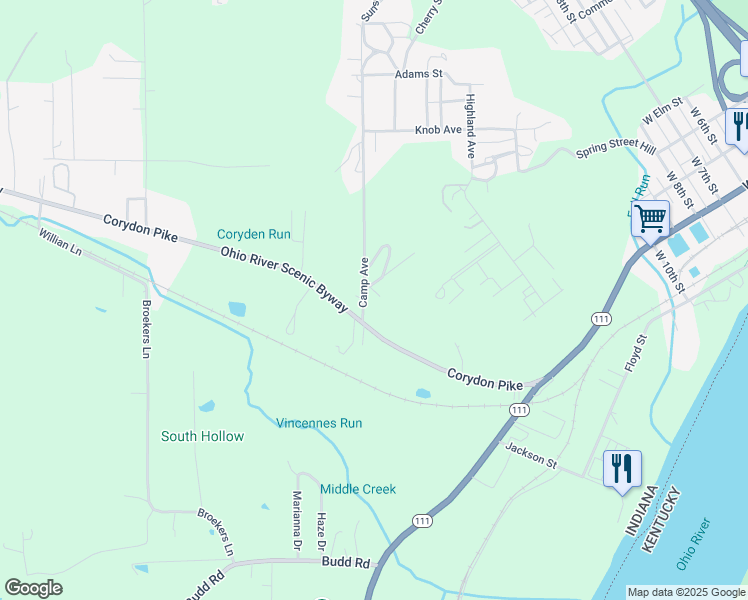 map of restaurants, bars, coffee shops, grocery stores, and more near 130 Camp Avenue in New Albany
