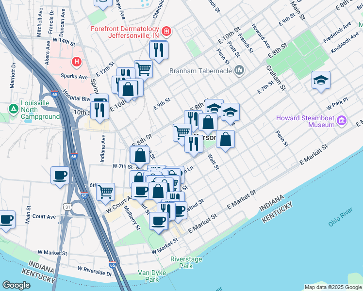 map of restaurants, bars, coffee shops, grocery stores, and more near 617 Walnut Street in Jeffersonville