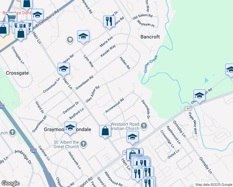 map of restaurants, bars, coffee shops, grocery stores, and more near 1801 Lynn Way in Louisville