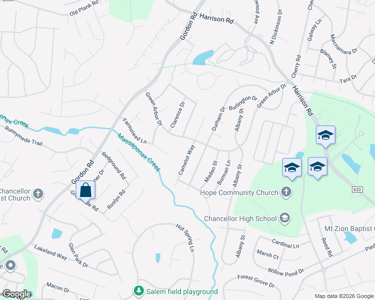 map of restaurants, bars, coffee shops, grocery stores, and more near 11722 Camelot Way in Fredericksburg